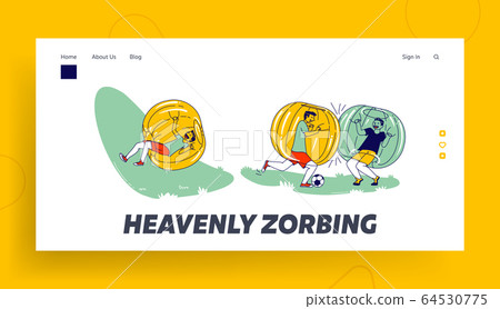 Boys Characters Having Fun Zorbing Recreation Landing Page Template. Teenagers Playing Soccer and Spending Time Outdoors in Zorb Balls. Summer Activity Sport Relax. Linear People Vector Illustration 64530775