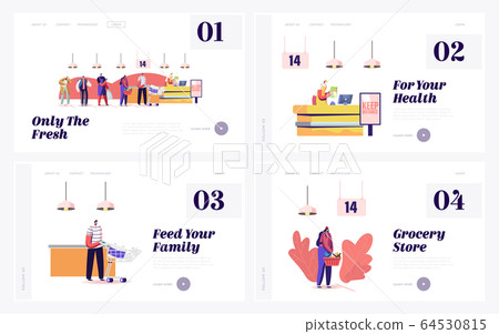 Queue in Grocery Landing Page Template Set. Customers Characters in Medical Masks Stand in Line with Goods Keep Distance Put Buys on Cashier during Covid19 Pandemic. Cartoon People Vector Illustration 64530815