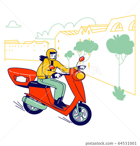 Female Character Riding Scooter Delivering Medical Masks to People at Covid19 Pandemic Quarantine Self Isolation. Volunteer Help to Prevent Virus Spreading at Epidemic Time. Linear Vector Illustration 64531001