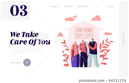 Stay at Home, Self Isolation Save Lives Landing Page Template. Senior and Young Characters Wearing Medical Masks Stand under House Roof. Family on Quarantine. Cartoon People Vector Illustration Stay at Home, Self Isolation Save Lives Landing Page Template. Senior and Young Characters Wearing Medical Masks Stand under House Roof. Family on Quarantine. Cartoon People Vector Illustration 64531159