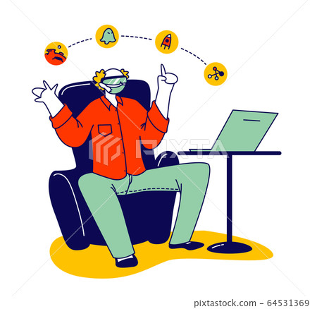 Virtual and Augmented Reality, Self Isolation Activity at Home. Male Character in Medical Mask and Vr Goggles Touch Interactive Interface for Online Studying, Education. Linear Vector Illustration Virtual and Augmented Reality, Self Isolation Activity at Home. Male Character in Medical Mask and Vr Goggles Touch Interactive Interface for Online Studying, Education. Linear Vector Illustration 64531369