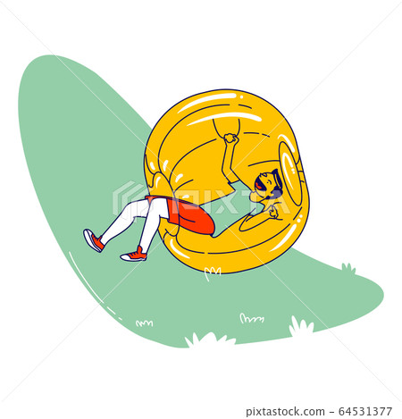 Zorbing Summer Time Fun, Active Recreation and Leisure. Teen Boy Character Rolling inside of Zorb Sphere in Park. Weekend Activity, Sparetime, Outdoor Adventure, Game. Linear Vector Illustration 64531377