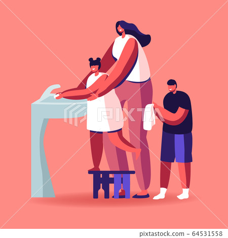 Mother Teaching Children Wash Hands Correctly. Family Mom and Kids Characters Staying at Home during Covid19 Pandemic Quarantine Self Isolation, Hygiene Procedure. Cartoon People Vector Illustration 64531558