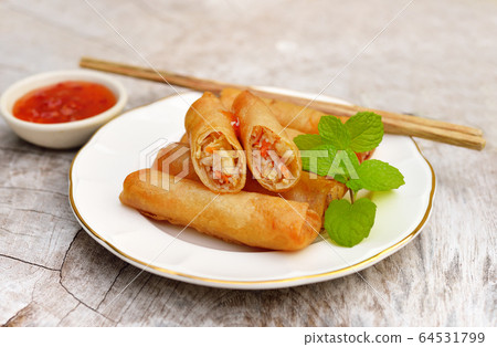 Fried Chinese Traditional Spring rolls food in plate. 64531799