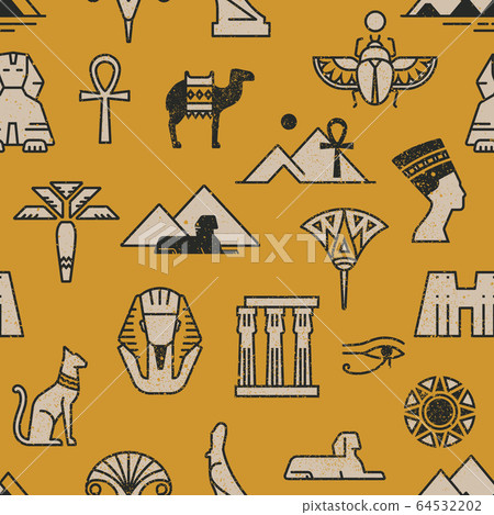 Dark seamless pattern of symbols, landmarks, and signs of Egypt from icons in a linear style 64532202