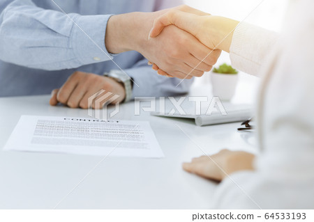 Casual dressed businessman and woman shaking hands after contract signing in sunny office. Handshake concept 64533193