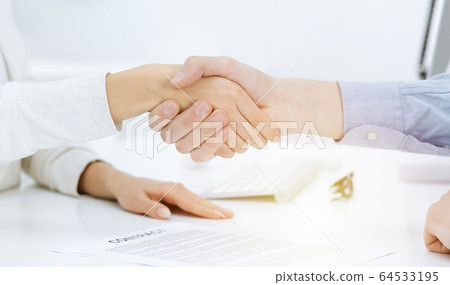 Casual dressed businessman and woman shaking hands after contract signing in sunny office. Handshake concept Casual dressed businessman and woman shaking hands after contract signing in sunny office. Handshake concept 64533195