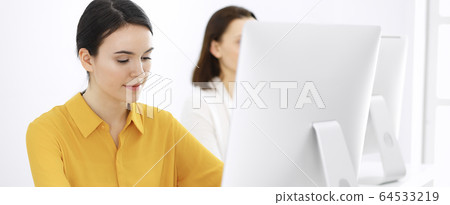 Businesswoman in mustard colored blouse looking at camera at office, headshot Businesswoman in mustard colored blouse looking at camera at office, headshot 64533219