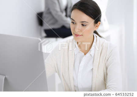 Casual dressed business woman working with computer in office. Lawyer or accountant at work Casual dressed business woman working with computer in office. Lawyer or accountant at work 64533252