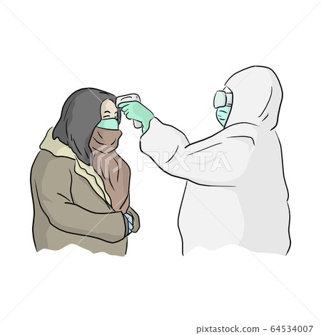 Medical worker in PPE suit scanning woman with 64534007