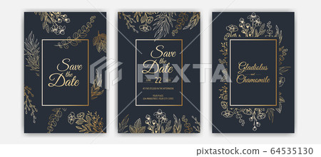 Minimalist wedding invitation card template design. Template, Frame with Delicate Flowers, Branches, Plants. Minimalist wedding invitation card template design. Template, Frame with Delicate Flowers, Branches, Plants. 64535130