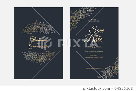 Minimalist wedding invitation card template design. Template, Frame with Delicate Flowers, Branches, Plants. 64535168