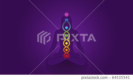 Kundalini - coiled snake. Meditating yoga woman with chakras on violet background, symbol for spiritual awakening, healing power and balance, celestial harmony and relaxation. 64535541
