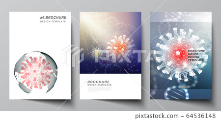 Vector layout of A4 cover mockups templates for brochure, flyer layout, booklet, cover design, book design. 3d medical background of corona virus. Covid 19, coronavirus infection. Virus concept. Vector layout of A4 cover mockups templates for brochure, flyer layout, booklet, cover design, book design. 3d medical background of corona virus. Covid 19, coronavirus infection. Virus concept. 64536148