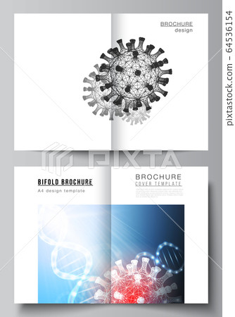 Vector layout of two A4 cover mockups templates for bifold brochure, flyer, magazine, cover design, book design. 3d medical background of corona virus. Covid 19, coronavirus infection. Virus concept. 64536154