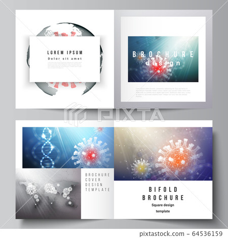 layout of two cover templates for square bifold brochure,\
flyer, cover design, book design, brochure cover. 3d medical\
background of corona virus. Covid 19, coronavirus infection. Virus\
concept