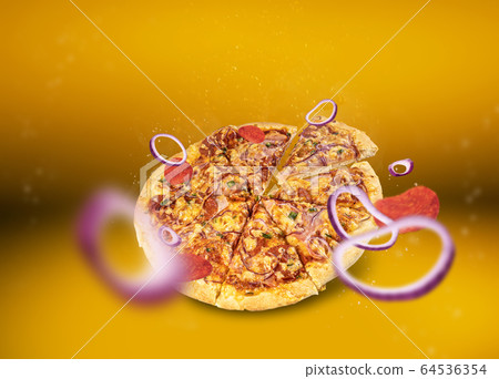 Italian traditional pizza concept on color background, levitated with steam and particles. Ideal for designers with copy space Italian traditional pizza concept on color background, levitated with steam and particles. Ideal for designers with copy space 64536354