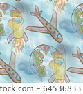 Seamless blue space rocket and earth with airplane a childish pattern abstract art curve for your wallpaper and website background. interesting naive childhood dreams texture concept 64536833