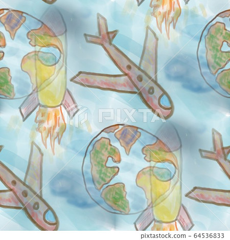 Seamless blue space rocket and earth with airplane a childish pattern abstract art curve for your wallpaper and website background. interesting naive childhood dreams texture concept 64536833