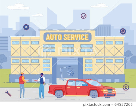 Mechanic Repairman Give Key to Repaired Car Owner Mechanic Repairman Give Key to Repaired Car Owner 64537265