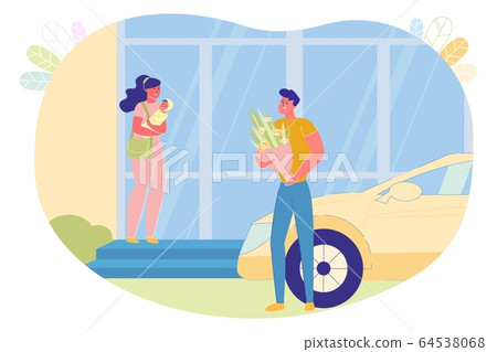 Husband Meets Wife with First-born from Hospital. Husband Meets Wife with First-born from Hospital. 64538068