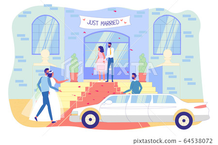 Happy Just Married Newlyweds Sit in Limousine Car 64538072