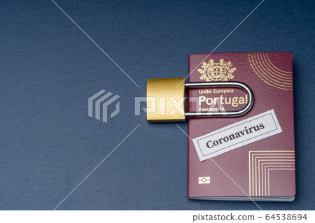Portuguese european travel passport with padlock on blue background. 64538694