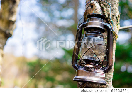 Camping material Oil lantern hanging on a tree 64538754