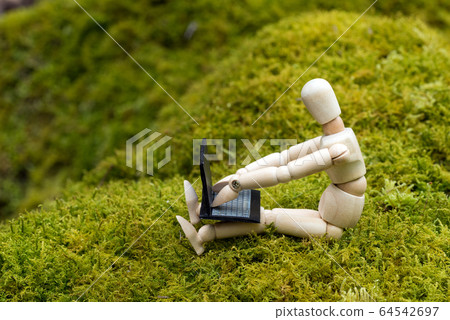 娃娃在綠色的青苔上操作筆記本電腦 64542697