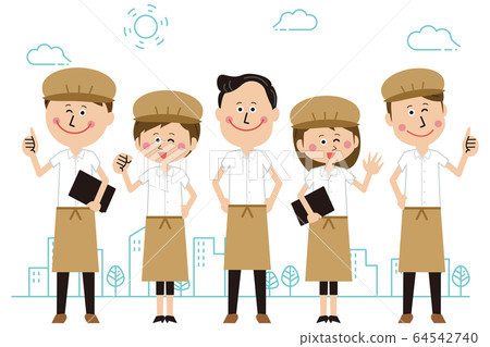 Men and women in a pop cafe clerk or bakery line up and pose outdoors 64542740