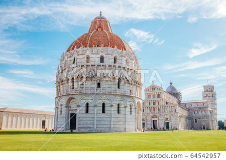 Pisa Baptistery of St. John and Cathedral and Leaning Tower of Pisa in Italy 64542957