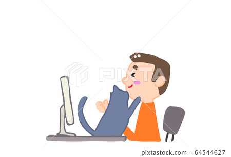 Illustration of a person being disturbed by a cat during remote work 64544627