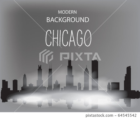 Modern vector landscape of foggy Chicago. Dark silhouette of buildings in a foggy haze. 64545542