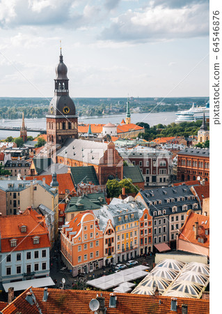 Riga old town panoramic view from St. Peter's Church observatory in Latvia 64546876