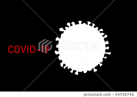 Covid-19 model illustration of white corona virus on black background with red title. drawing 64548748