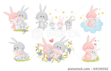 Rabbit Family with Bunny Mom and Dad Nursing Their Cubs Vector Set Rabbit Family with Bunny Mom and Dad Nursing Their Cubs Vector Set 64549392