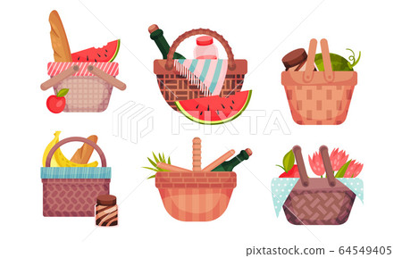Picnic Baskets Full with Foodstuff Like Fruit and Bread Vector Set 64549405