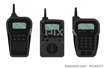 Black Portable Radio Device or Walkie Talkie with Antenna Vector Set 64549415
