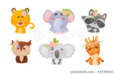 Cartoon Animals with Flowers on Their Heads Vector Set 64549426