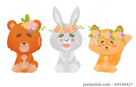Cartoon Animals with Flowers on Their Heads Vector Set Cartoon Animals with Flowers on Their Heads Vector Set 64549427