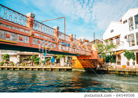 Malacca river town, Pink bridge and canal in Malaysia 64549506