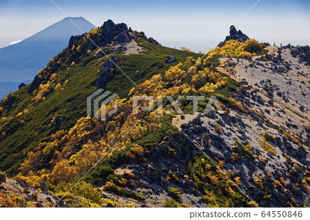 從南阿爾卑斯山，鳳凰山山，觀音嶽山脊線看到的富士山和藥師岳的岩峰 64550846