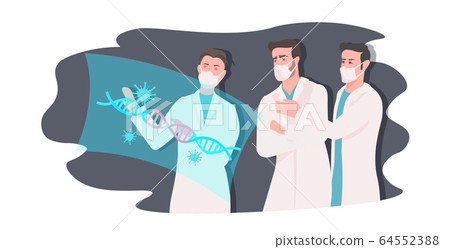 doctors team looking on virtual screen with coronavirus cells researchers studying virus molecule doctors team looking on virtual screen with coronavirus cells researchers studying virus molecule 64552388