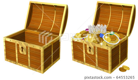 Real illustration of a treasure chest full of gold coins when opened Real illustration of a treasure chest full of gold coins when opened 64553265