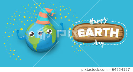 Cartoon earth day horizontal banner with cute smiling earth planet character with funny hat isolated on blue sky background. Eath day concept horizontal design template with funny kawaii earth globe Cartoon earth day horizontal banner with cute smiling earth planet character with funny hat isolated on blue sky background. Eath day concept horizontal design template with funny kawaii earth globe 64554137