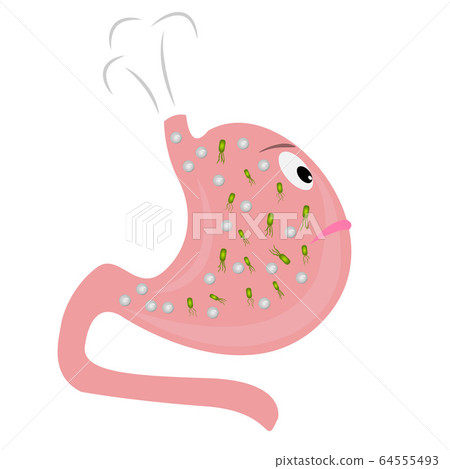 A Stomach with excess gas and Helicobacter pylori. Cartoon style 64555493