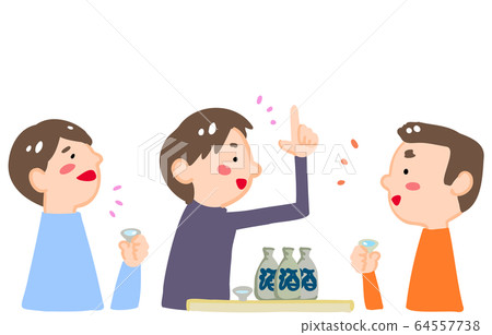 Three men drinking sake and getting excited Three men drinking sake and getting excited 64557738