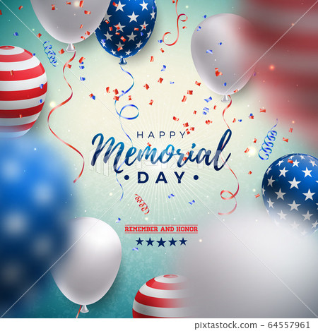 Memorial Day of the USA Vector Design Template with American Flag Air Balloon and Falling Confetti on Shiny Blue Background. National Patriotic Celebration Illustration for Banner or Greeting Card Memorial Day of the USA Vector Design Template with American Flag Air Balloon and Falling Confetti on Shiny Blue Background. National Patriotic Celebration Illustration for Banner or Greeting Card 64557961