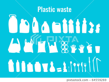Plastic waste, single use dishes vector set 64559269