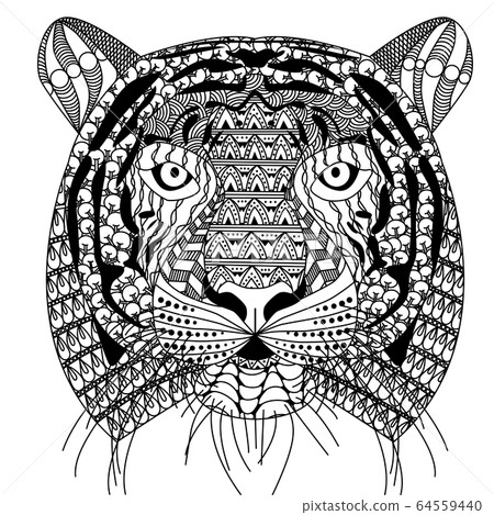 zenart style tiger head with moustache, black and white drawing, printable zenart style tiger head with moustache, black and white drawing, printable 64559440